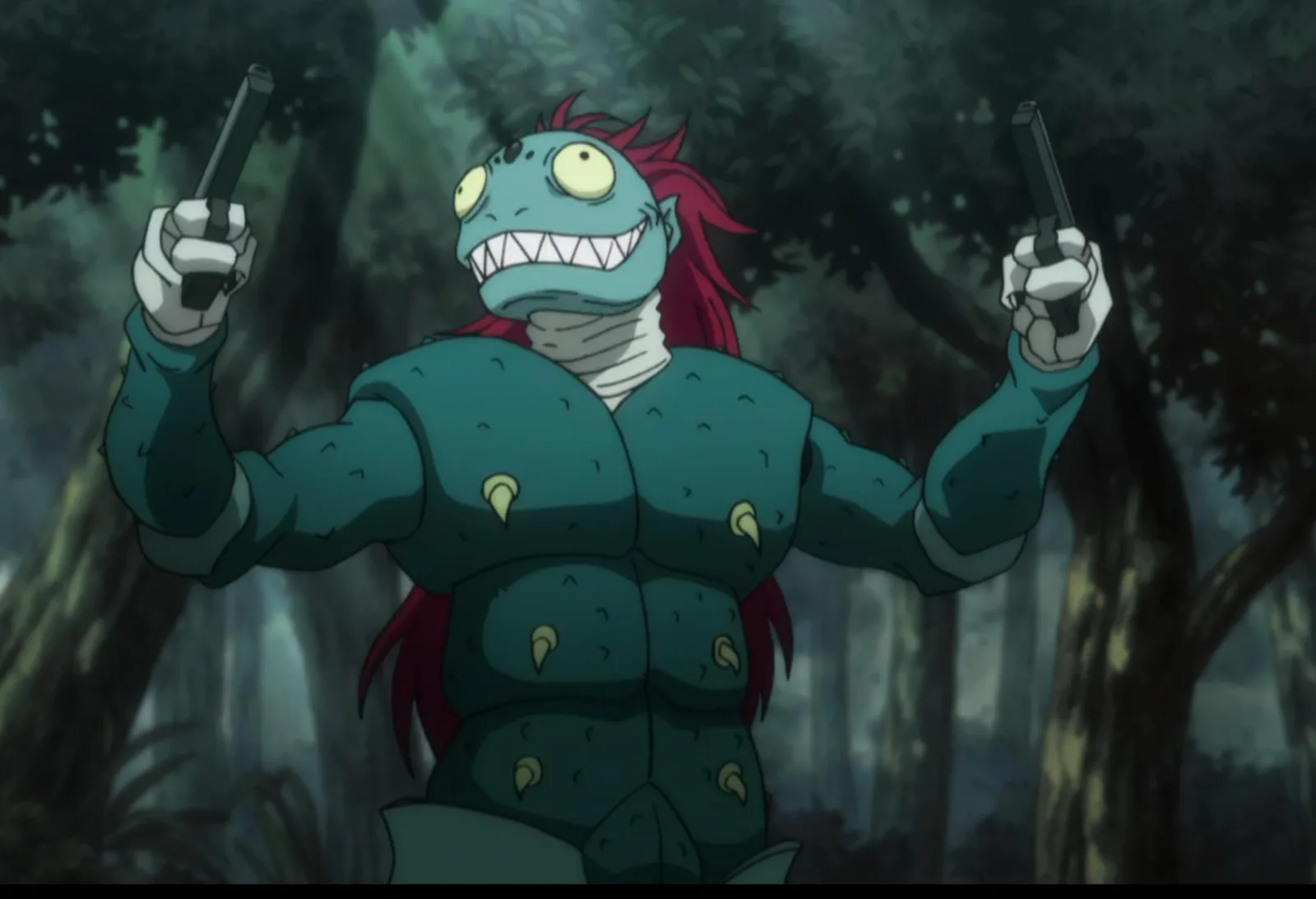 a grinning chimera ant in the forest, brandishing two pistol magazines